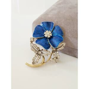 Vintage Jomaz Designer Blue Enamel and Rhinestone Pansy Brooch Pin
